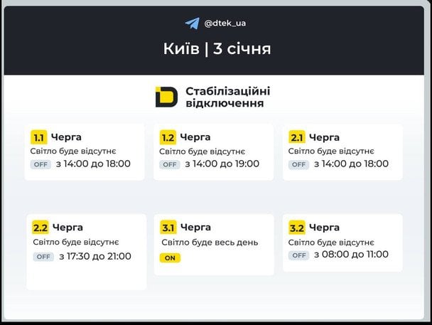 Графік відключення світла у столиці 3 січня / © ДТЕК