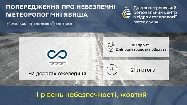 На Дніпропетровщині оголошено перший рівень небезпечності 21 лютого