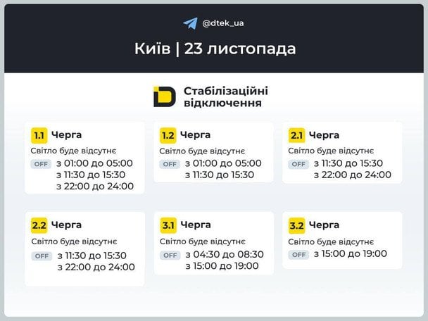 Графік відключення світла в Києві 23 листопада / © ДТЕК