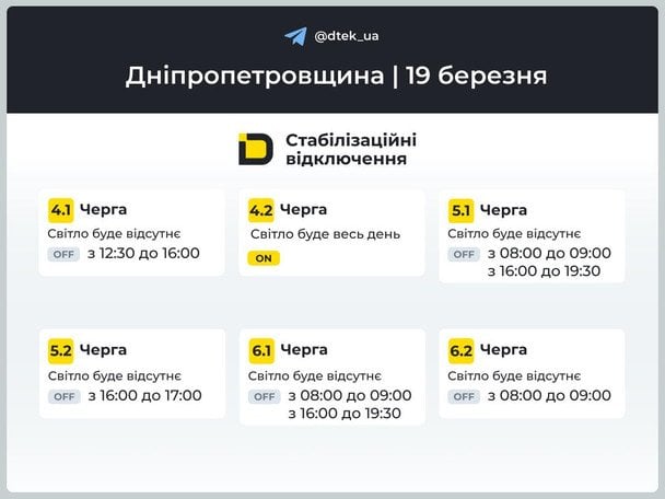 Графік відключення світла на Дніпропетровщині 19 березня / © ДТЕК