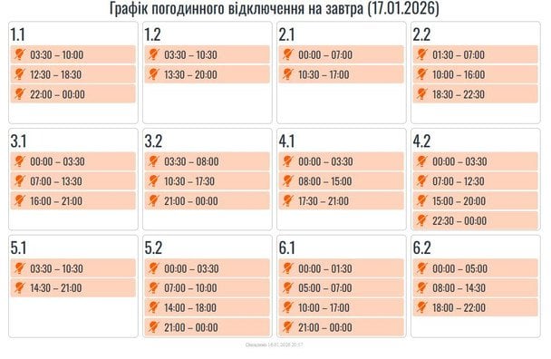 Графік відключення світла на Прикарпатті 17 січня