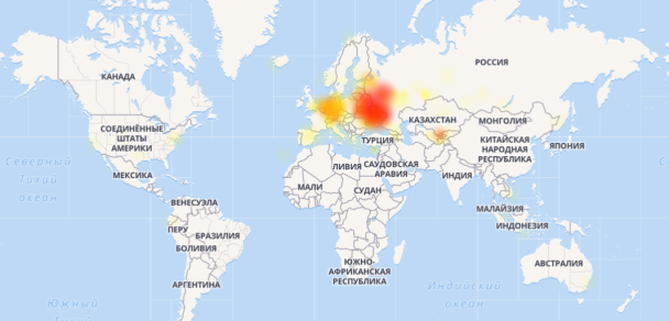 Мапа збоїв у Telegram 22 листопада 2019 року / © Downdetector