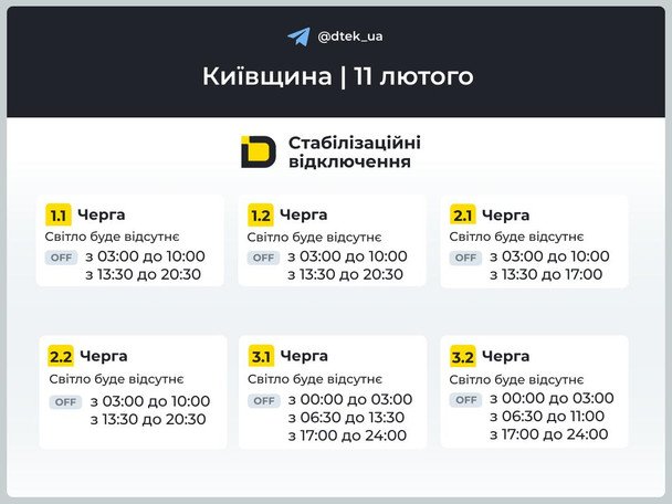 Графік відключення світла на Київщині 11 лютого / © ДТЕК