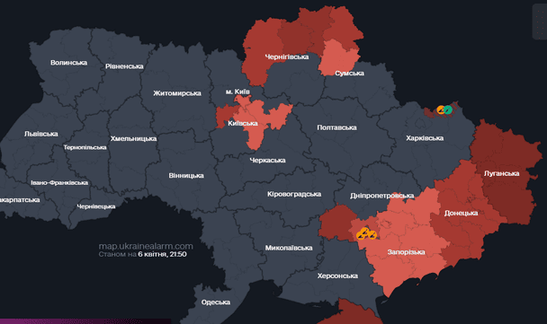 Мапа тривог станом на 21:50 понеділка, 6 квітня. 