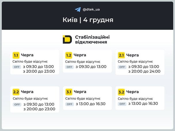 Графік відключення світла у столиці 4 грудня / © ДТЕК