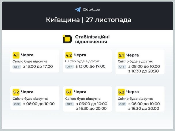 Графік відключення світла на Київщині 27 листопада / © ДТЕК