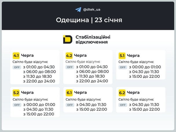 График отключения света на Одещине 23 января / © ДТЕК