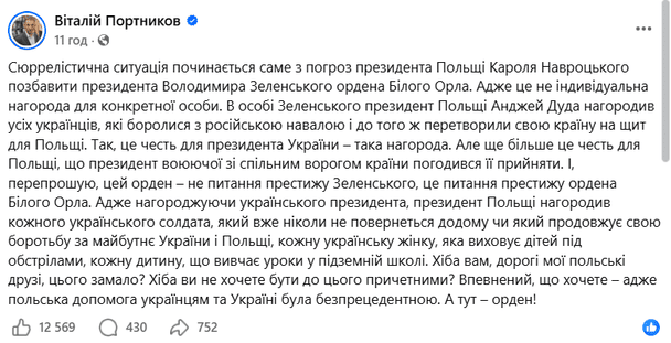 Допис Віталія Портникова / © скриншот