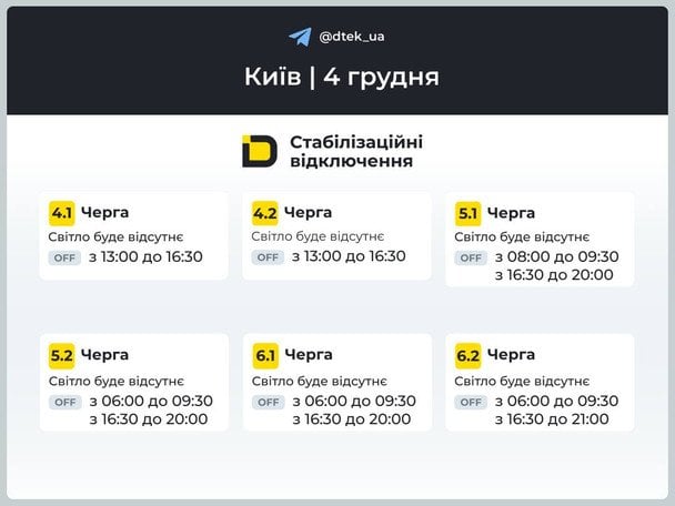 Графік відключення світла у столиці 4 грудня / © ДТЕК