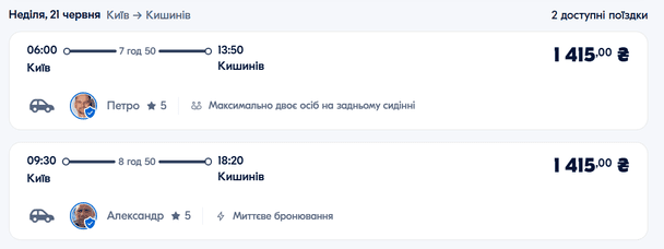 Ціни на попутні поїздки Київ — Кишинів / © скриншот