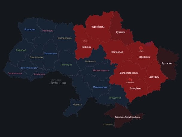 Мапа тривог станом на ранок 19 червня. 