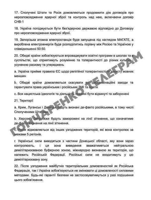 28 пунктів мирного плану США, які опублікував нардер Гончаренко / © Telegram/Олексій Гончаренко
