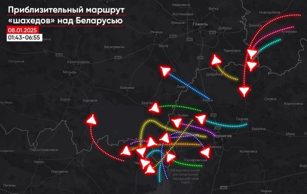 "Шахеди" над Білоруссю в ніч проти 8 січня / Схема: "Беларускі Гаюн"