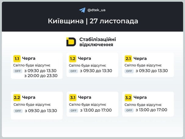 Графік відключення світла на Київщині 27 листопада / © ДТЕК