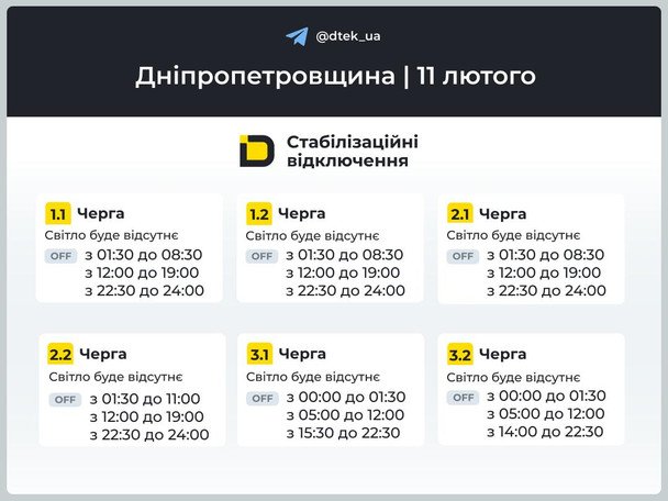 Графік відключення світла на Дніпропетровщині 11 лютого / © ДТЕК