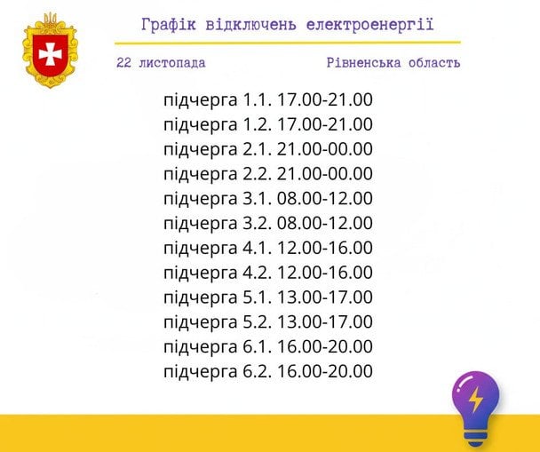 График отключения света в Ровенской области 22 ноября / © Ровенская областная государственная администрация