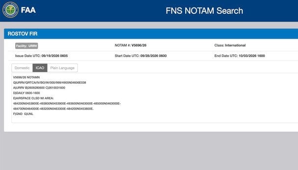 Росія закрила повітряний простір над «Капустиним Яром» / Фото: скрин NOTAM