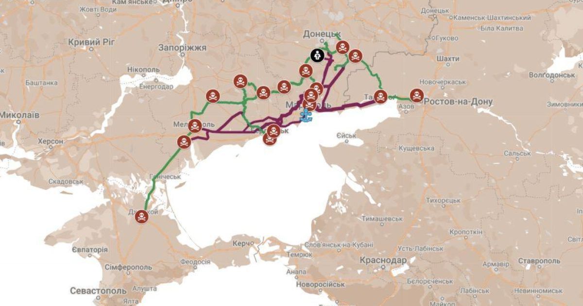 Как может пролегать новая железная дорога из Ростова в Крым через ТОТ юга Украины. ФОТО: investigator.org.ua