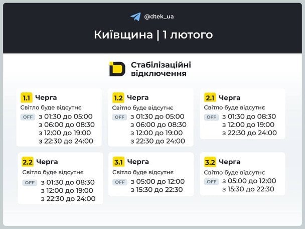 График отключения света на Киевщине 1 февраля / © ДТЕК