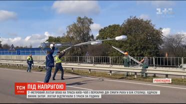 На въезде в столицу образовался двухкилометровый затор из-за поваленного на трассу фонаря