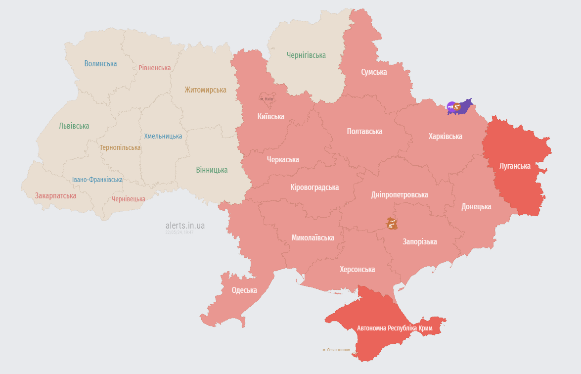 Карта тревог на вечер 22 мая / © alerts.in.ua