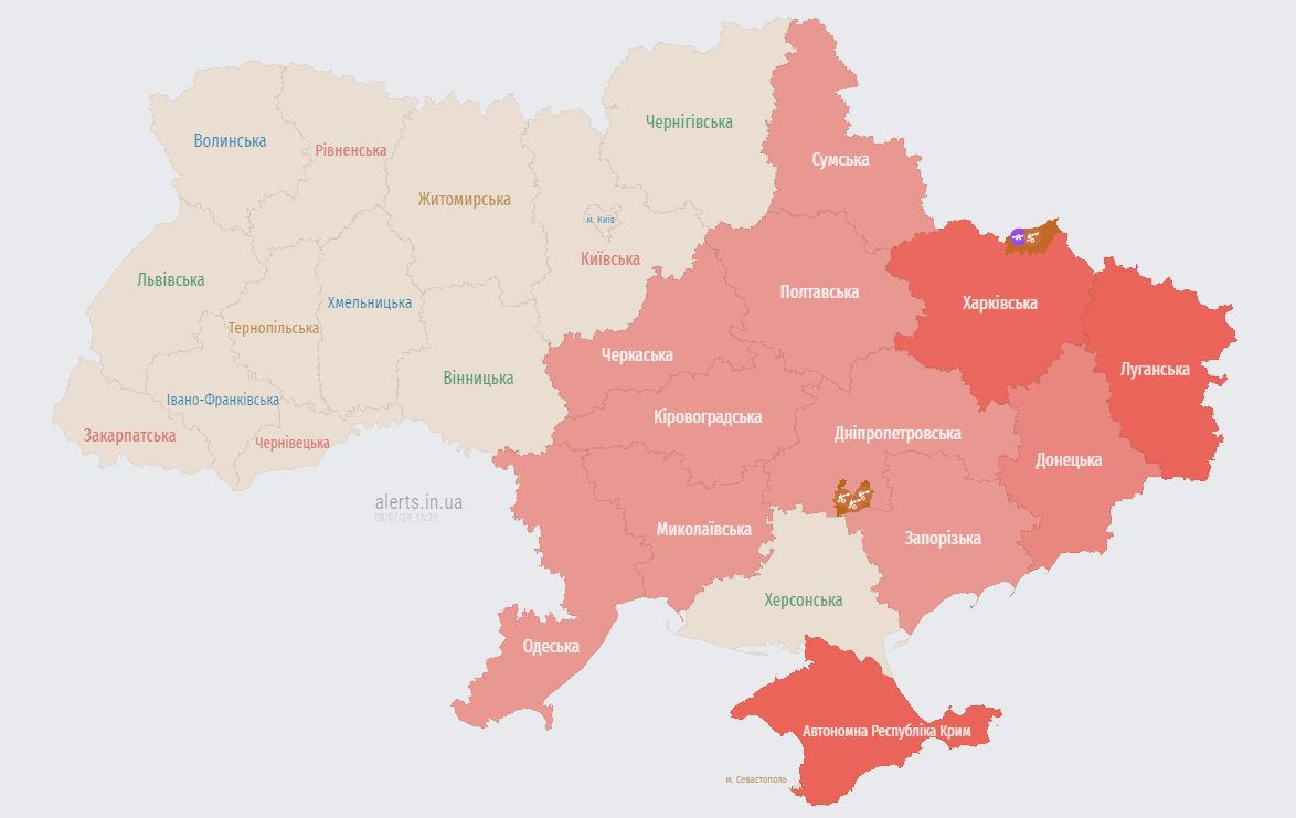 Мапа тривог станом на 9 липня 16:15 / © alerts.in.ua