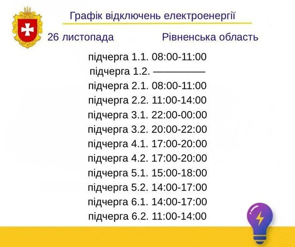 Графік відключення світла на Рівненщині 26 листопада