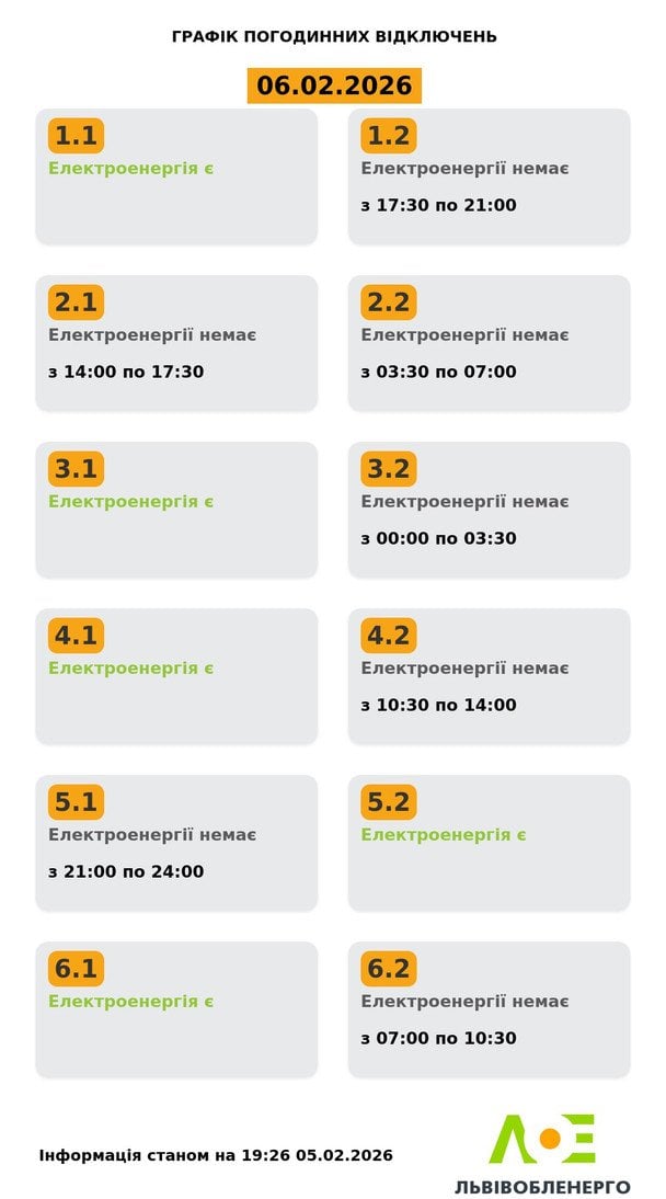График отключения света на Львовщине 6 февраля
