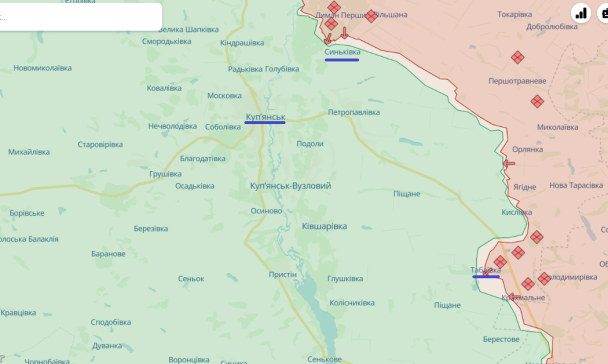 Куп'янськ та села Синьківка і Табаївка на карті / © Deepstatemap
