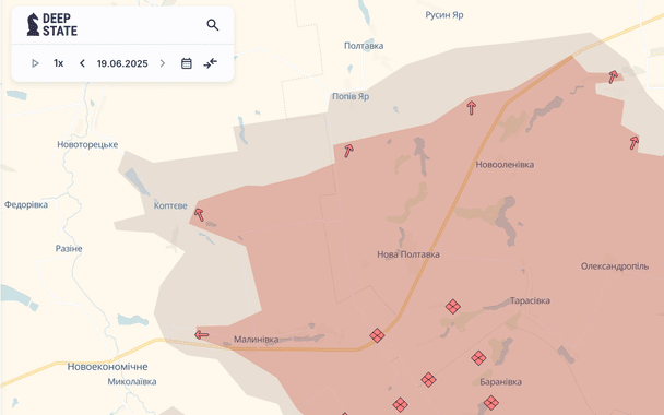 Мапа з просуванням російських військ у Донецькій області / © Deepstatemap