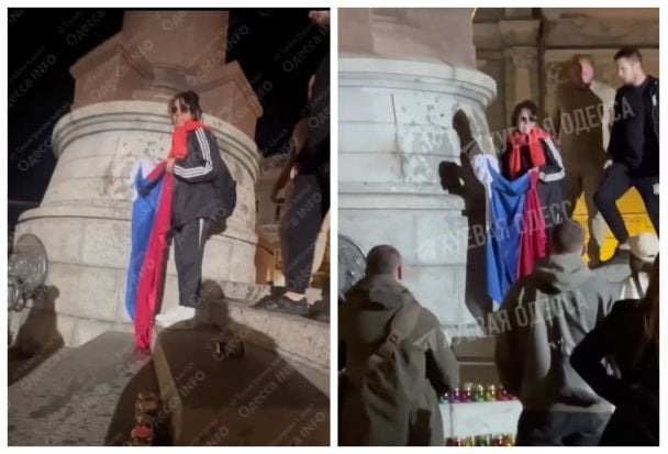 Жінка в Одесі спробувала повісити російський прапор на постамент знесеного пам'ятника імператриці Катерині II / Колаж