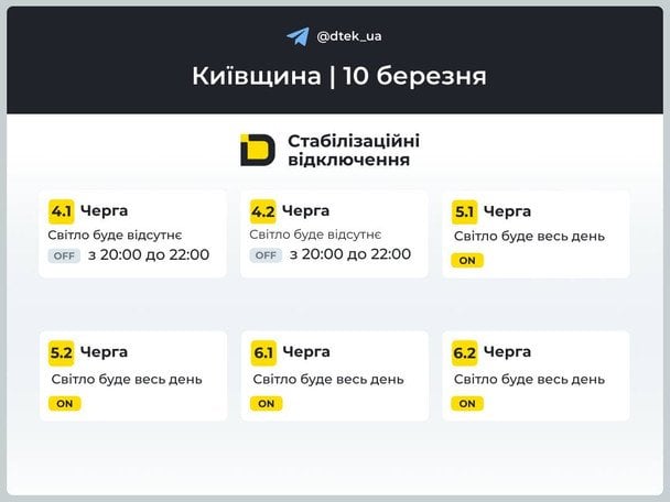 График отключения света в Киевской области