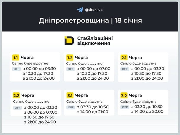 График отключения света на Днепропетровщине 18 января / © ДТЕК