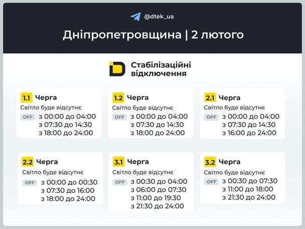 Графік відключення світла у Дніпропетровській області / © ДТЕК