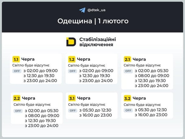 График отключения света на Одещине 1 февраля / © ДТЕК