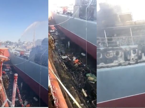 Поврежденный российский корабль "Минск"/Коллаж ТСН.ua