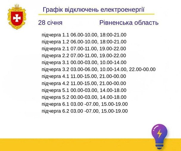 Графік відключення світла на Рівненщині 28 січня
