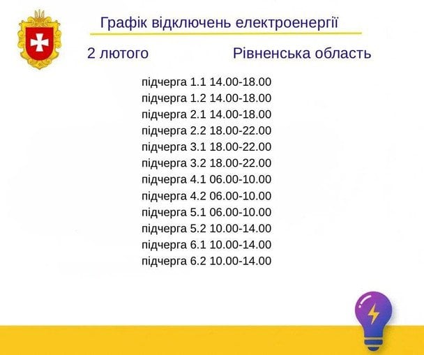 Графік відключення світла в Рівненській області.  / © ДТЕК