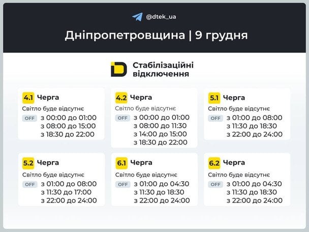 График отключения света на Днепропетровщине 9 декабря. / © ДТЕК