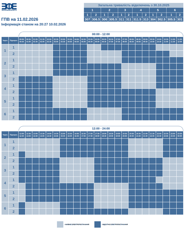 График отключения света на Волыни 11 февраля
