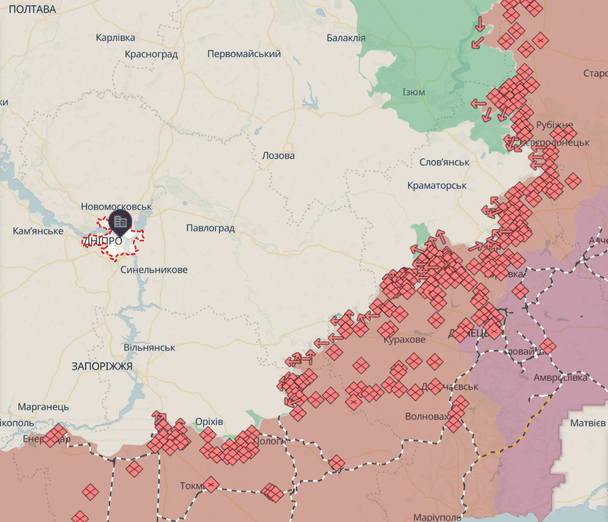 Січень та грудень 2025 року, просування росіян у Дніпропетровській області за рік. Джерело: DeepState