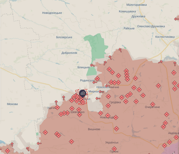 Покровськ 1 січня 2025 рік і грудень 2025 рік. Джерело: DeepState