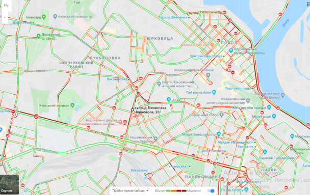 Пробки на киевских дорогах вечером 27 декабря 2019 года / © Google Maps