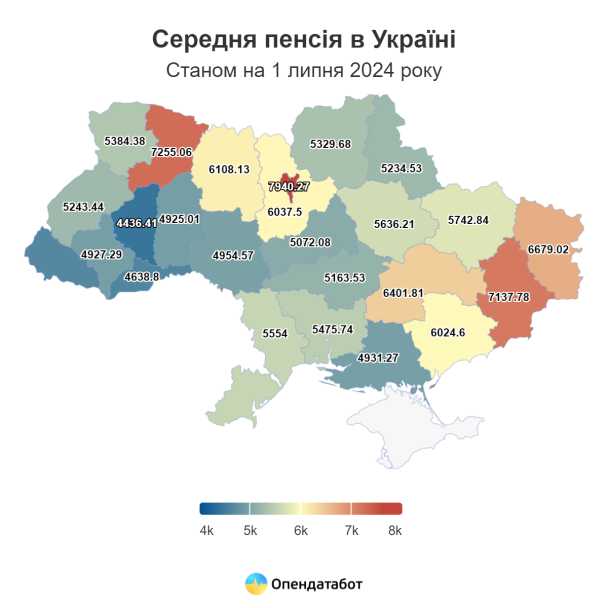 Середній розмір пенсій у різних областях України станом на липень 2024 року / © Опендатабот