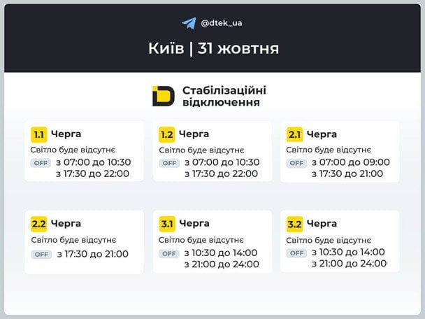 Графік відключень на 31 жовтня у Києві. / © ДТЕК