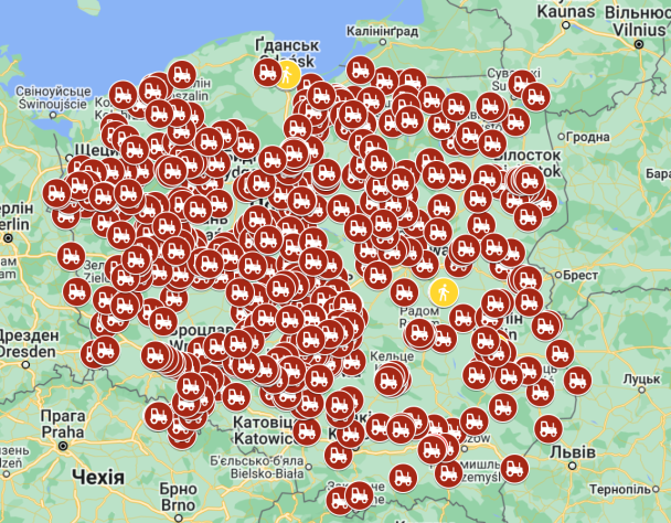 Карта протестів польських фермерів 20 березня 2024 року / © із соцмереж