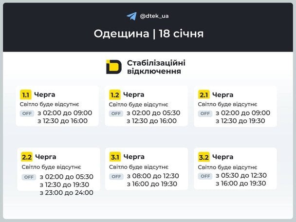 График отключения света в Одесской области 18 января / © ДТЕК