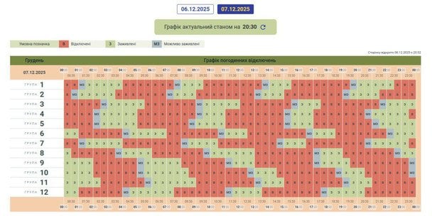 Графік відключення світла в Чернівецькій області 7 грудня