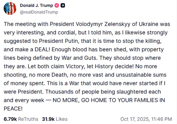 Скриншот допису Дональда Трампа після переговорів з Володимиром Зеленським
