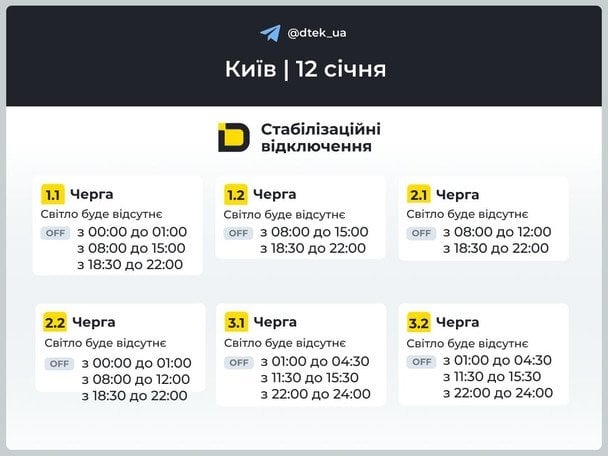 Графика отключений на 12 января. / © ДТЕК